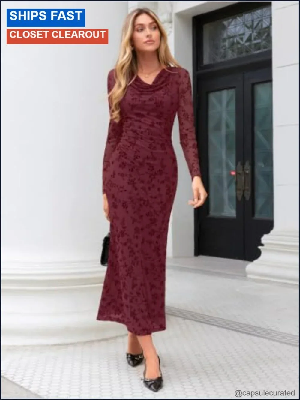 Long Sleeve Floral Bodycon Maxi Dress Cowl Neck Ruched Wedding Guest